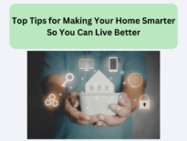 Man holding a replica smart home with smarthome and tech symbols around it.