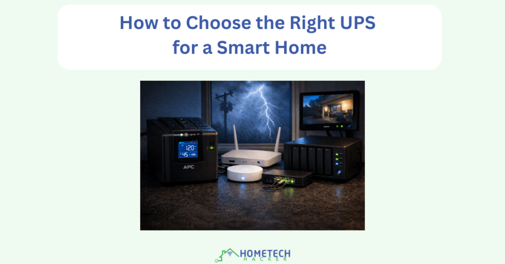 Uninterruptible power supply (UPS) powering a home networking setup including a Wi-Fi router, smart home hub, network switch, and NAS while lightning flashes outside during a storm.