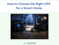 Uninterruptible power supply (UPS) powering a home networking setup including a Wi-Fi router, smart home hub, network switch, and NAS while lightning flashes outside during a storm.