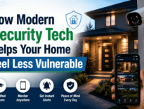 Modern smart home exterior at dusk with security camera, smart video doorbell, and smartphone displaying live camera feeds, illustrating how modern home security technology improves awareness and peace of mind.