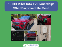 Collage showing a red Cadillac Optiq electric SUV, home EV charging setup, and energy monitoring dashboard. Images include the vehicle parked outdoors, the charging port connected to a Level 2 charger, an Emporia home charger installed in a garage, and a Home Assistant energy dashboard displaying EV charging power usage.