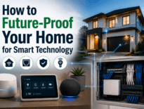 Feature image for 'How to Future-Proof Your Home for Smart Technology' showing a modern smart home, structured wiring cabinet with Ethernet networking equipment, smart home devices, and connected home icons representing a flexible, upgrade-ready home technology infrastructure