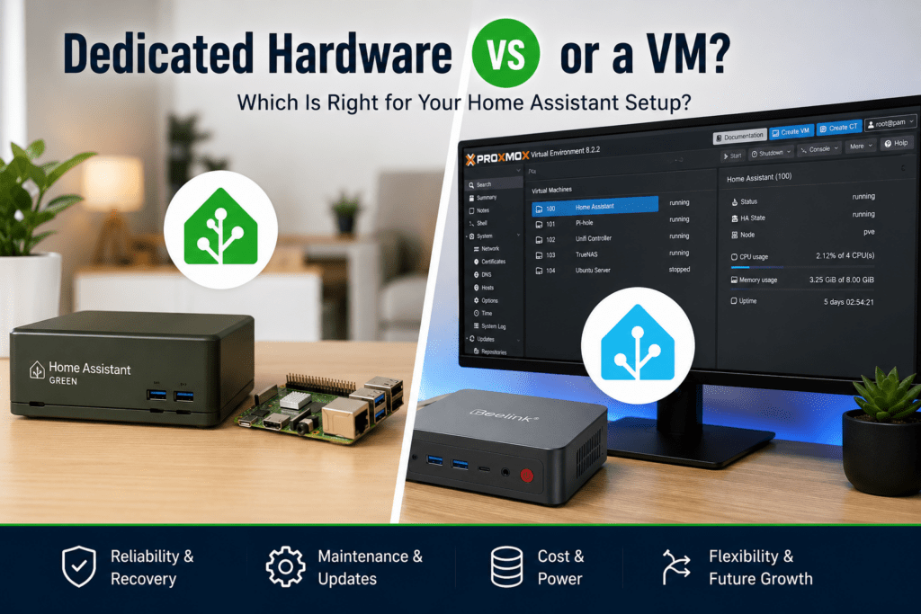 Split-screen comparison showing Home Assistant running on dedicated hardware including Home Assistant Green and Raspberry Pi versus a Home Assistant VM hosted on a Proxmox mini-PC setup.