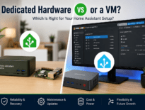 Split-screen comparison showing Home Assistant running on dedicated hardware including Home Assistant Green and Raspberry Pi versus a Home Assistant VM hosted on a Proxmox mini-PC setup.