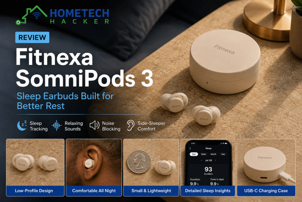 A clean promotional image for a HomeTechHacker review of the Fitnexa SomniPods 3 sleep earbuds, featuring the white charging case, two low-profile earbuds, a comparison with a standard wireless earbud and a U.S. quarter to show size, and an inset photo of the earbuds worn comfortably in the ear for side sleeping, with the official HomeTechHacker logo across the top.