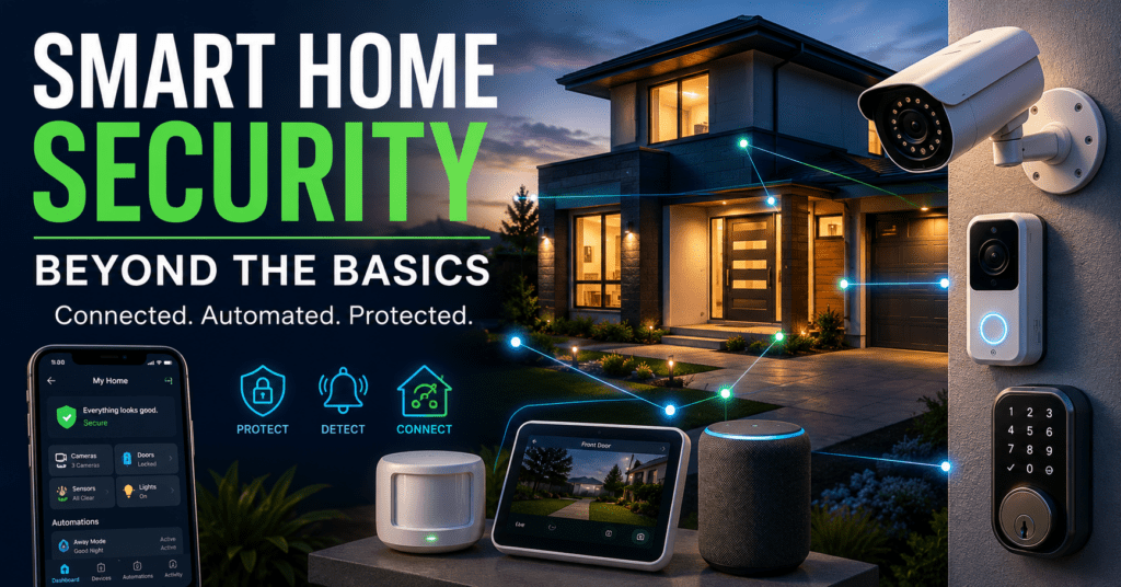 Smart Home Security Beyond the Basics feature image showing a modern connected home with security cameras, video doorbell, smart lock, motion sensor, smartphone monitoring, and automated security devices.