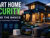 Smart Home Security Beyond the Basics feature image showing a modern connected home with security cameras, video doorbell, smart lock, motion sensor, smartphone monitoring, and automated security devices.