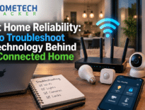 Smart home troubleshooting setup with Wi-Fi router, security camera, smart lock, sensors, smart lighting, and phone dashboard illustrating connected home reliability.