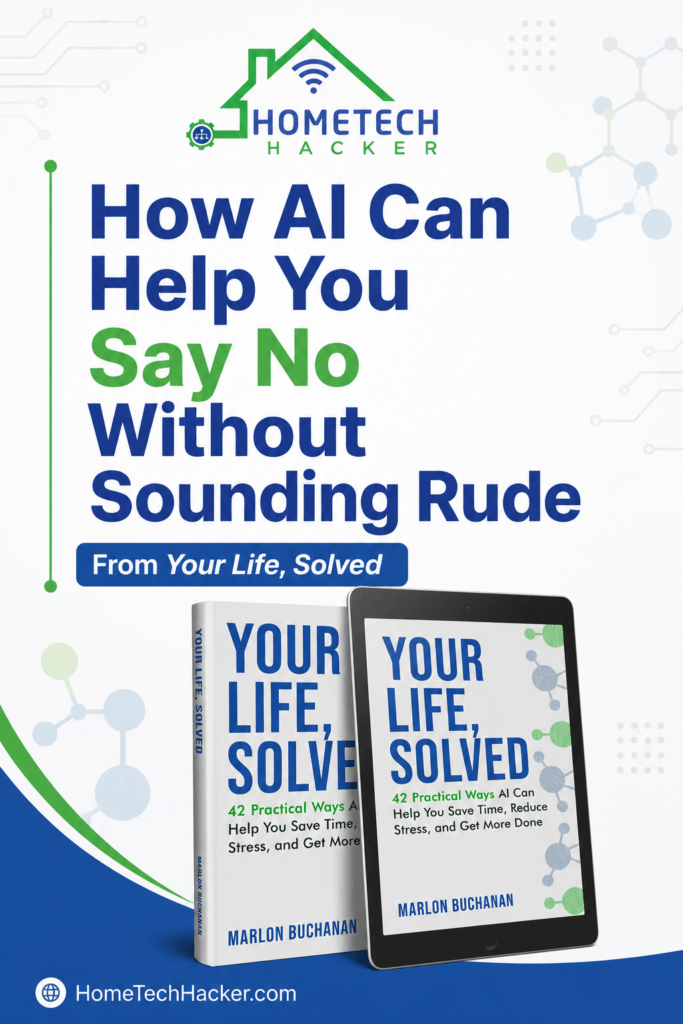 Pinterest graphic for a HomeTechHacker article titled “How AI Can Help You Say No Without Sounding Rude,” featuring the HomeTechHacker logo, large blue and green headline text, the book Your Life, Solved shown in print and tablet format, and the website HomeTechHacker.com at the bottom.