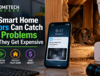 Smart home sensors monitoring for pest activity, with a phone showing a crawl space motion alert, moisture sensor, plumbing leak, and rodent detection